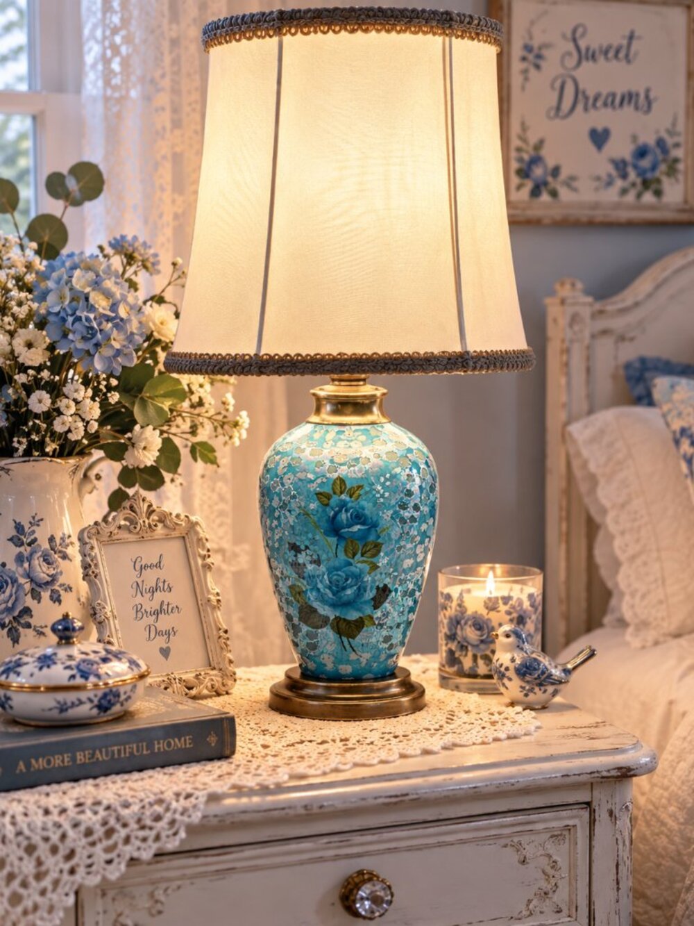 Vintage 1987 Blue Rose Floral Ceramic Table Lamp 18.75” Shabby Chic Cottage